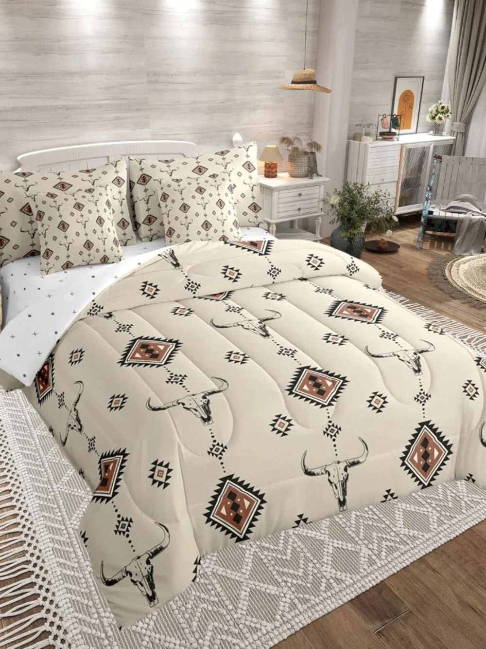Western Reversible 7 Pieces Comforter Set,Tribal Southwestern Boho Bed Sheet Set